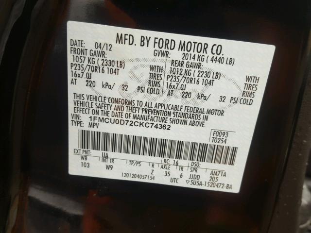 1FMCU0D72CKC74362 - 2012 FORD ESCAPE XLT BLACK photo 10