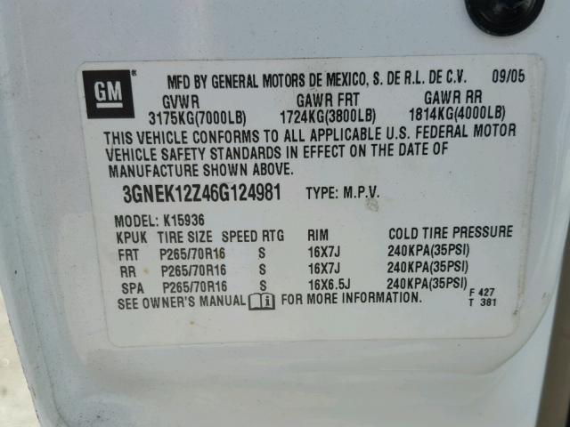 3GNEK12Z46G124981 - 2006 CHEVROLET AVALANCHE WHITE photo 10