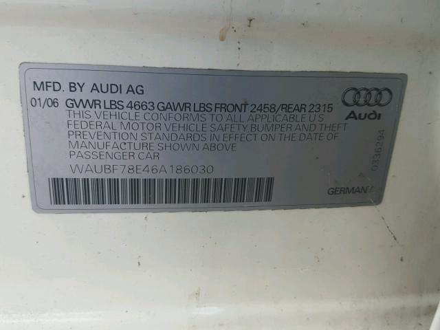 WAUBF78E46A186030 - 2006 AUDI A4 S-LINE WHITE photo 10