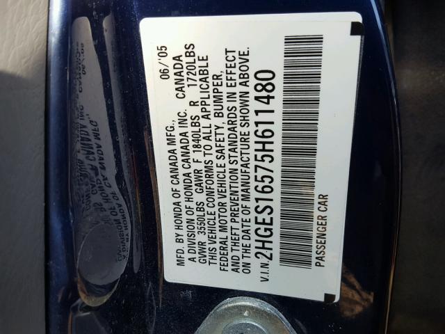 2HGES16575H611480 - 2005 HONDA CIVIC LX BLUE photo 10