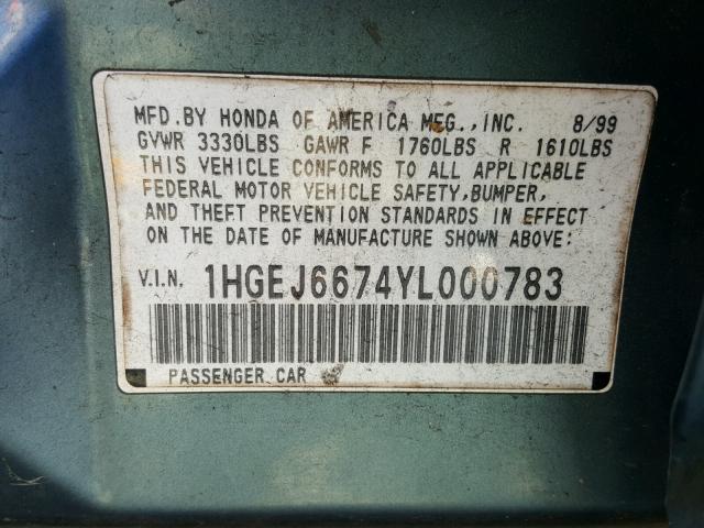 1HGEJ6674YL000783 - 2000 HONDA CIVIC LX TEAL photo 10