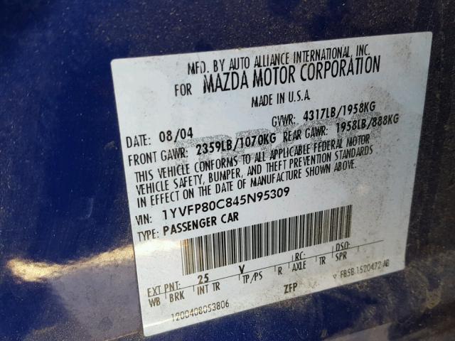 1YVFP80C845N95309 - 2004 MAZDA 6 I BLUE photo 10