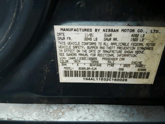 1N4AL11E02C160026 - 2002 NISSAN ALTIMA BAS BLUE photo 10