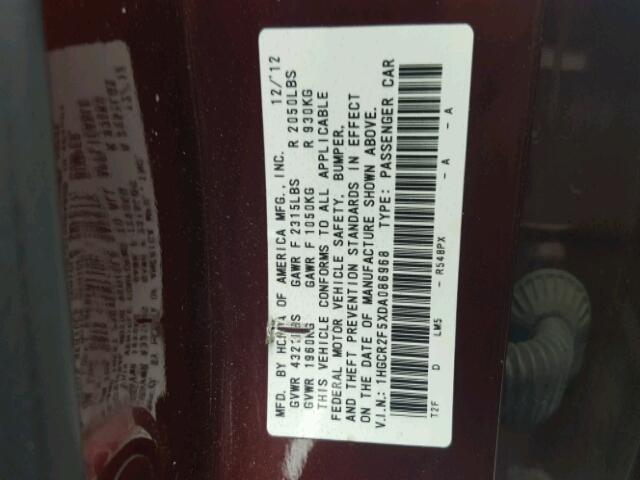 1HGCR2F5XDA086968 - 2013 HONDA ACCORD SPO MAROON photo 10