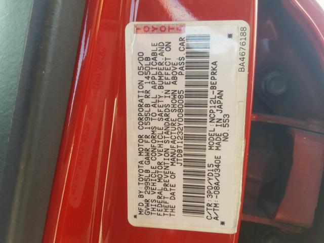 JTDBT1232Y0080085 - 2000 TOYOTA ECHO RED photo 10