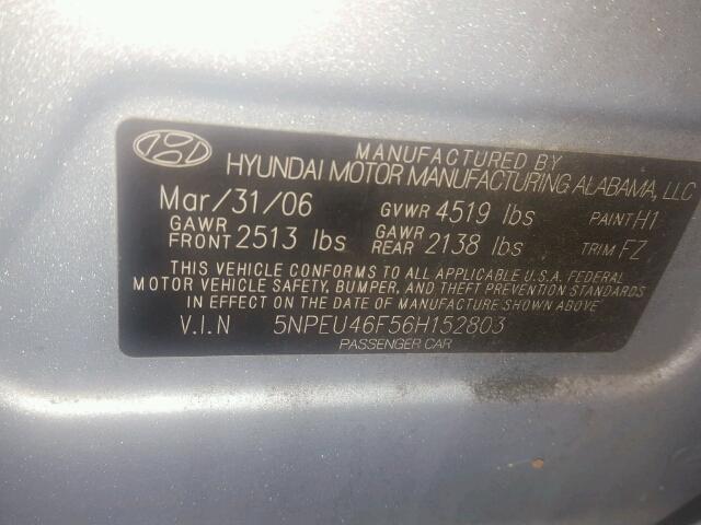 5NPEU46F56H152803 - 2006 HYUNDAI SONATA GLS BLUE photo 10