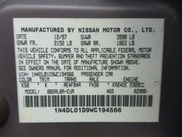 1N4DL01D9WC194566 - 1998 NISSAN ALTIMA XE GRAY photo 10