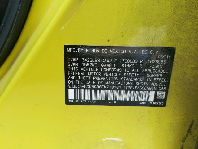 3HGGK5G86FM718161 - 2015 HONDA FIT EX YELLOW photo 10