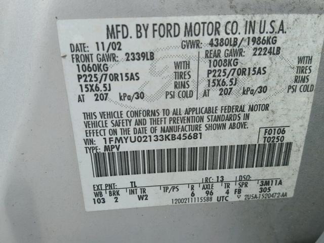 1FMYU02133KB45681 - 2003 FORD ESCAPE XLS GRAY photo 10