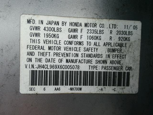 JH4CL969X6C005078 - 2006 ACURA TSX SILVER photo 10