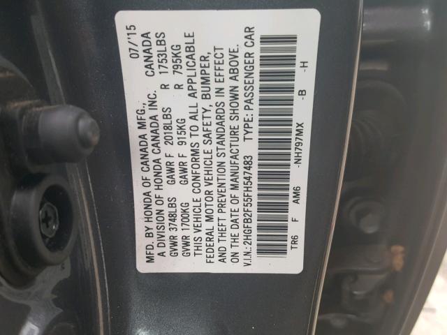 2HGFB2F55FH547483 - 2015 HONDA CIVIC LX GRAY photo 10