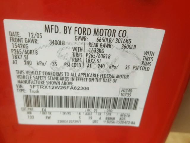 1FTRX12W26FA62306 - 2006 FORD F150 RED photo 10