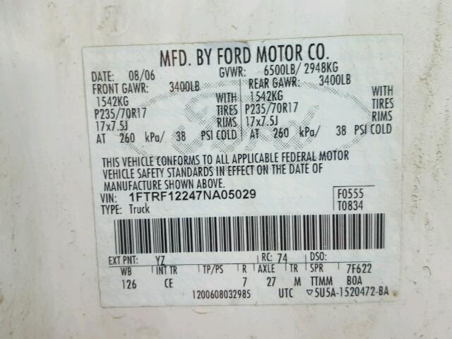 1FTRF12247NA05029 - 2007 FORD F150 WHITE photo 10