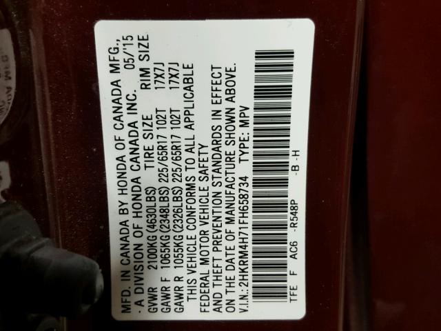 2HKRM4H71FH658734 - 2015 HONDA CR-V EXL BURGUNDY photo 10