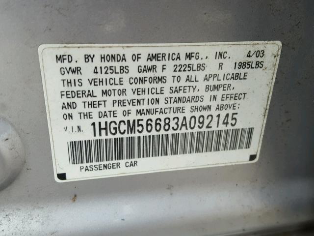 1HGCM56683A092145 - 2003 HONDA ACCORD EX SILVER photo 10