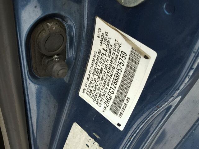 2HGFG12888H575759 - 2008 HONDA CIVIC EX ლურჯი ფოტო 10