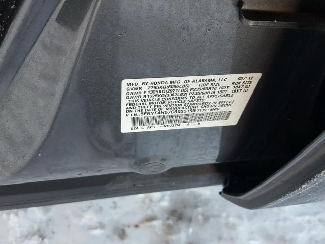 5FNYF4H57CB035195 - 2012 HONDA PILOT EXL GRAY photo 10