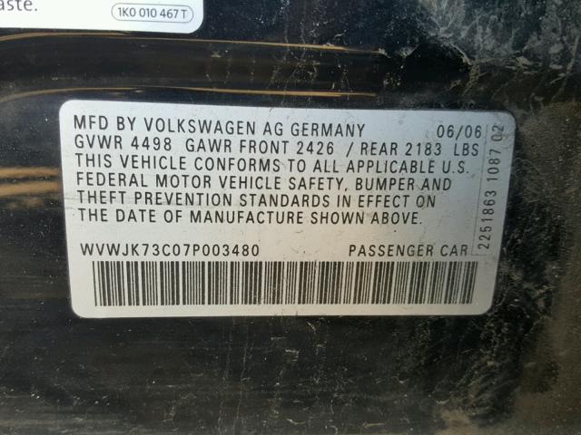 WVWJK73C07P003480 - 2007 VOLKSWAGEN PASSAT BLACK photo 10