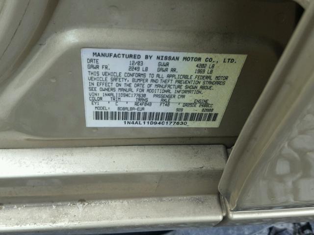 1N4AL11D94C177630 - 2004 NISSAN ALTIMA BAS GOLD photo 10