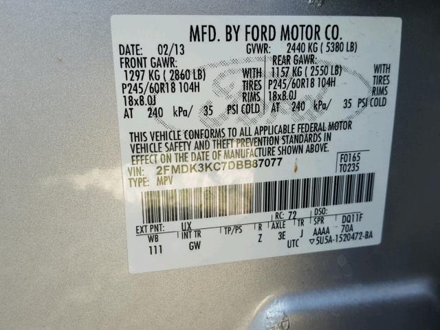 2FMDK3KC7DBB87077 - 2013 FORD EDGE LIMIT SILVER photo 10