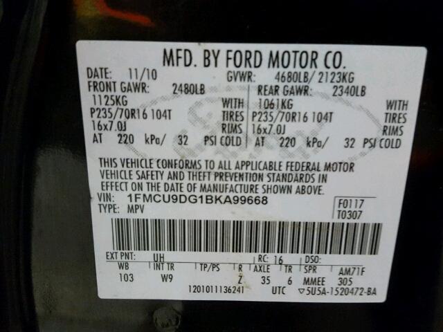 1FMCU9DG1BKA99668 - 2011 FORD ESCAPE XLT BLACK photo 10