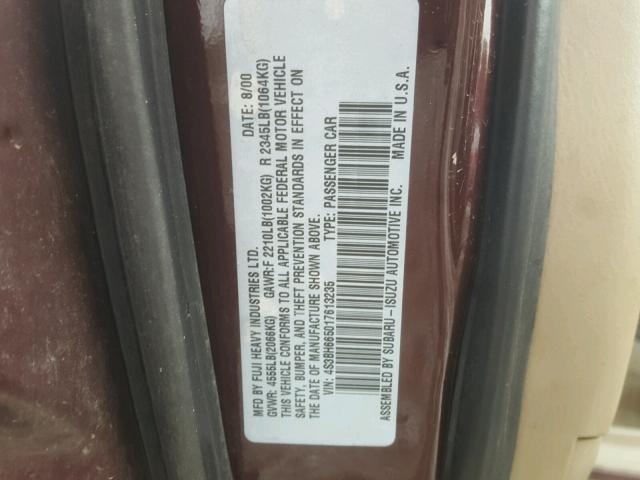 4S3BH665017613235 - 2001 SUBARU LEGACY OUT MAROON photo 10