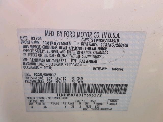 1LNHM87A01Y696572 - 2001 LINCOLN LS WHITE photo 10