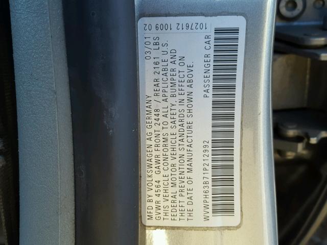 WVWPH63B71P212992 - 2001 VOLKSWAGEN PASSAT GLS SILVER photo 10