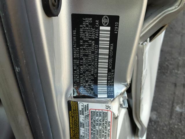 4T1BE32K04U378212 - 2004 TOYOTA CAMRY LE SILVER photo 10