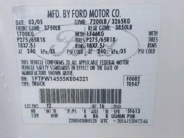 1FTPW14555KE04321 - 2005 FORD F150 SUPER WHITE photo 10