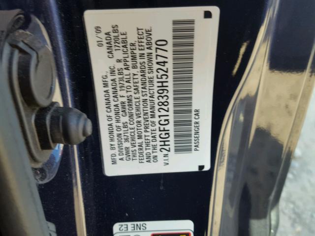 2HGFG12839H524770 - 2009 HONDA CIVIC EX ლურჯი ფოტო 10