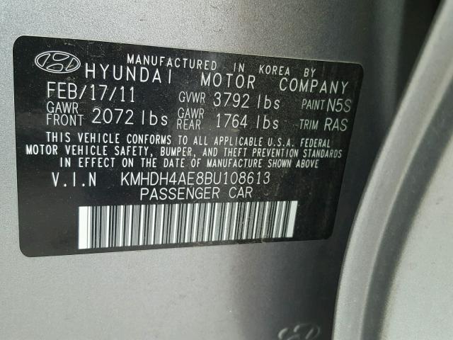 KMHDH4AE8BU108613 - 2011 HYUNDAI ELANTRA GL GRAY photo 10