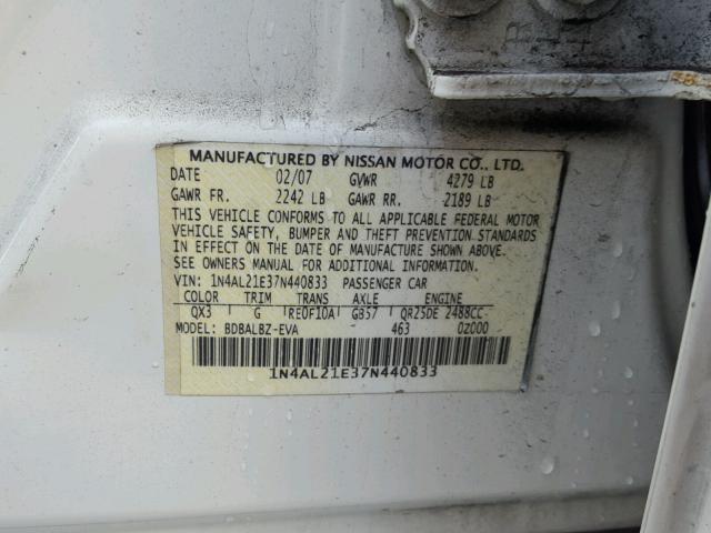 1N4AL21E37N440833 - 2007 NISSAN ALTIMA 2.5 WHITE photo 10