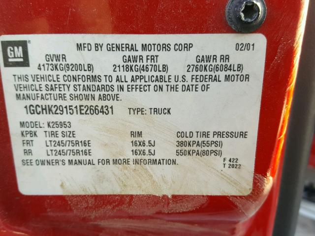 1GCHK29151E266431 - 2001 CHEVROLET SILVERADO RED photo 10