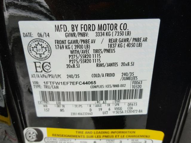 1FTFW1EF7EFC44065 - 2014 FORD F150 SUPER BLACK photo 10