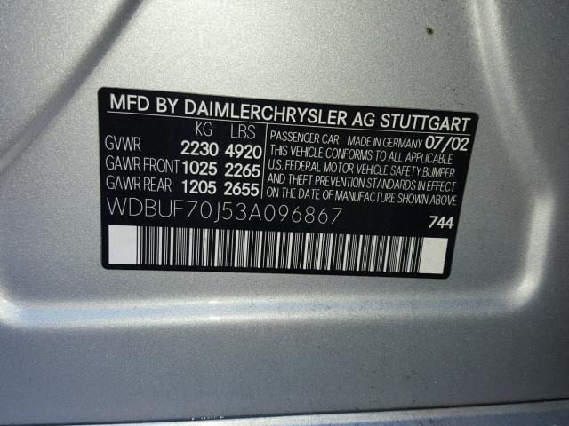 WDBUF70J53A096867 - 2003 MERCEDES-BENZ E 500 SILVER photo 10