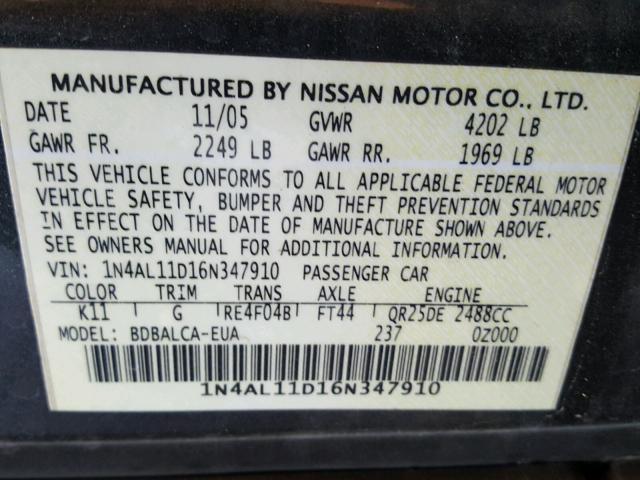 1N4AL11D16N347910 - 2006 NISSAN ALTIMA S GRAY photo 10