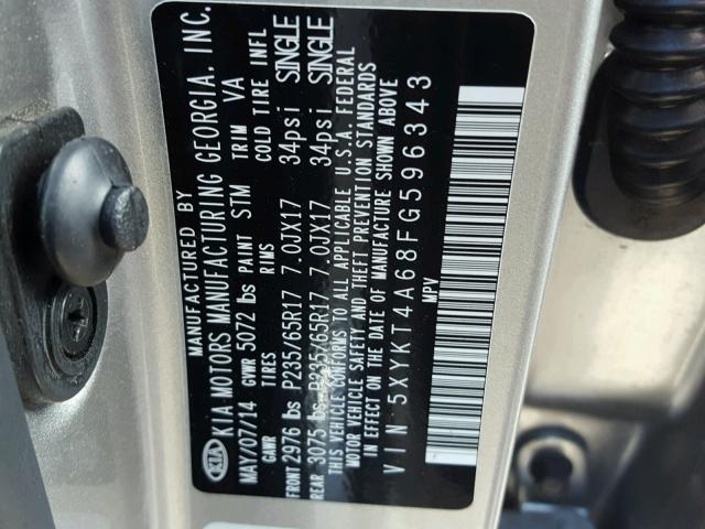 5XYKT4A68FG596343 - 2015 KIA SORENTO LX SILVER photo 10