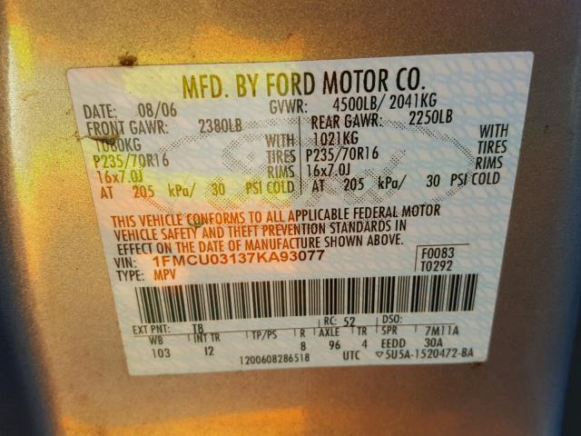 1FMCU03137KA93077 - 2007 FORD ESCAPE XLT GRAY photo 10