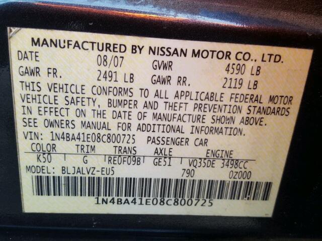 1N4BA41E08C800725 - 2008 NISSAN MAXIMA SE GRAY photo 10