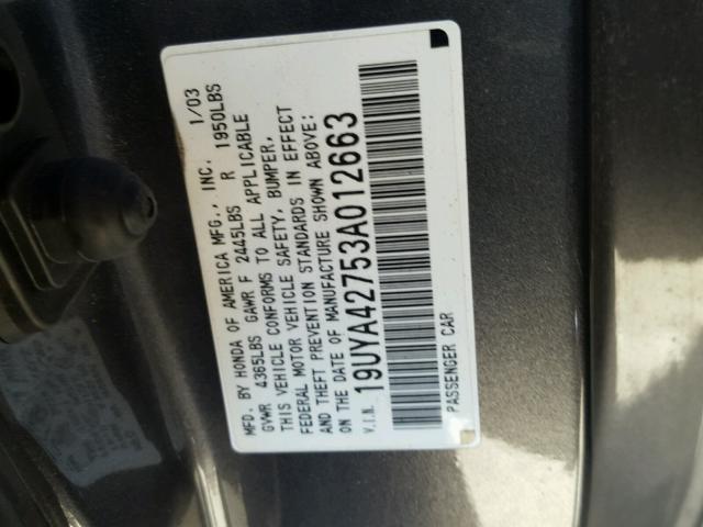 19UYA42753A012663 - 2003 ACURA 3.2CL TYPE GRAY photo 10