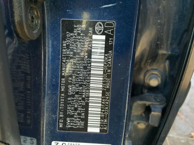 2T1BR32E68C918412 - 2008 TOYOTA COROLLA CE BLUE photo 10