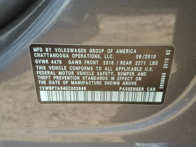 1VWBP7A34EC002648 - 2014 VOLKSWAGEN PASSAT SE GRAY photo 10