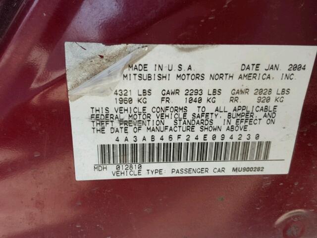 4A3AB46F24E094230 - 2004 MITSUBISHI GALANT ES/ BURGUNDY photo 10