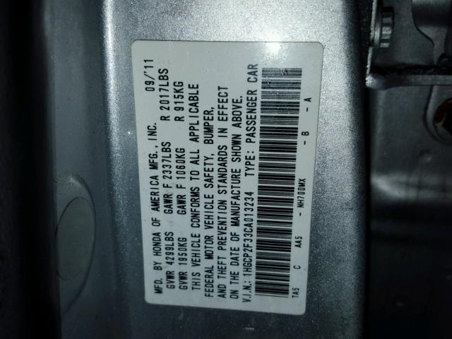 1HGCP2F33CA013234 - 2012 HONDA ACCORD LX SILVER photo 10