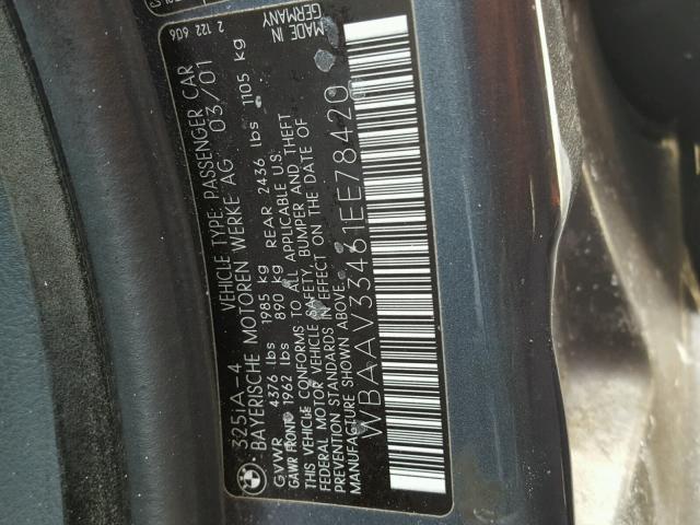 WBAAV33461EE78420 - 2001 BMW 325 I GRAY photo 10