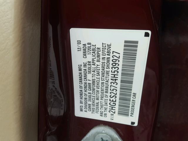 2HGES25734H539927 - 2004 HONDA CIVIC EX BURGUNDY photo 10