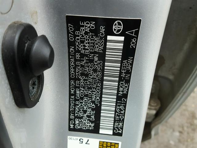 JTDKB20U677687553 - 2007 TOYOTA PRIUS SILVER photo 10