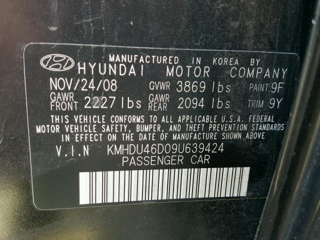 KMHDU46D09U639424 - 2009 HYUNDAI ELANTRA GL BLACK photo 10