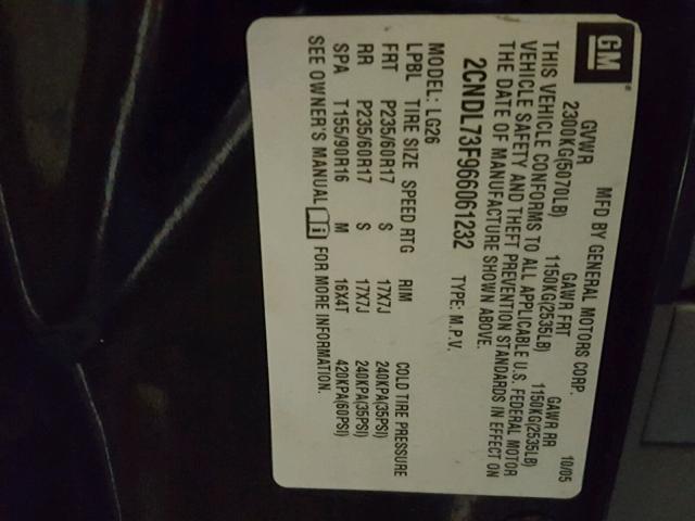 2CNDL73F966061232 - 2006 CHEVROLET EQUINOX LT BLACK photo 10